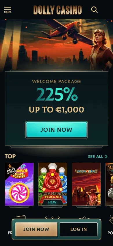 Dolly Casino mobile home view on an iOS or Android device