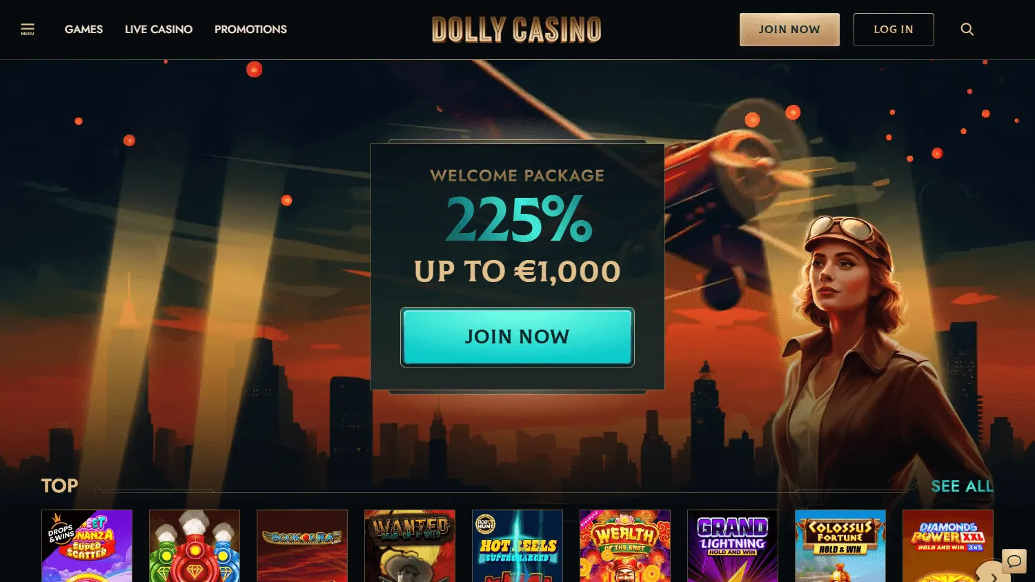 Dolly Casino desktop home view with casino access and promotional content