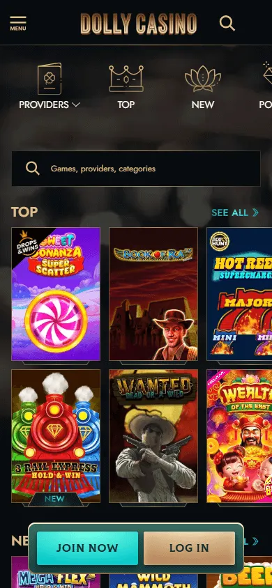 Dolly Casino mobile games view with slots and live casino options