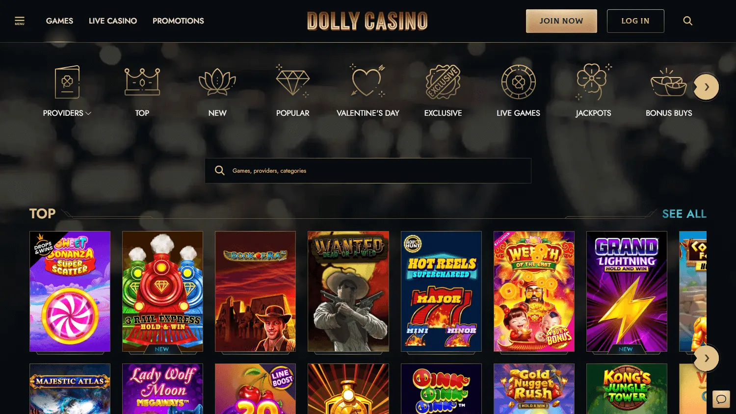 Dolly Casino desktop games view with casino and live game categories