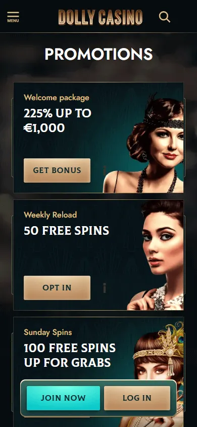 Dolly Casino mobile promotions view with casino bonus offers