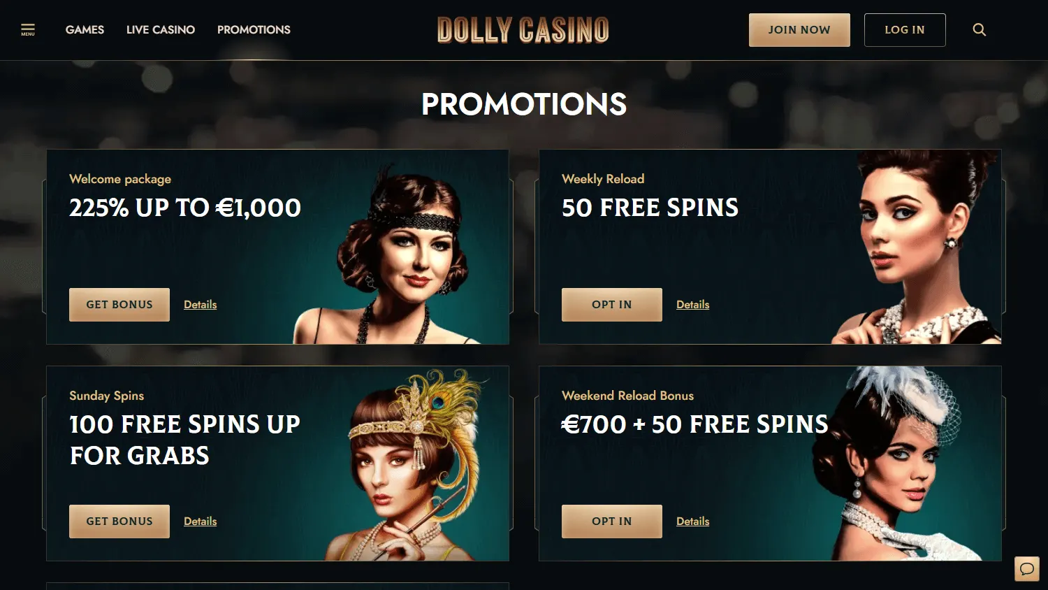 Dolly Casino desktop promotions view with welcome and recurring offers